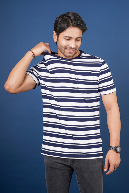 Men's Navy/White striped round neck t-shirt