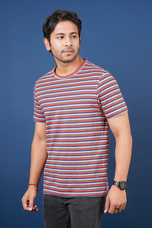 Men's Navy/Red/Orange striped round neck t-shirt