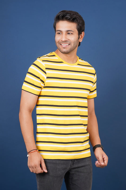 Men's Yellow/White/Black striped round neck t-shirt