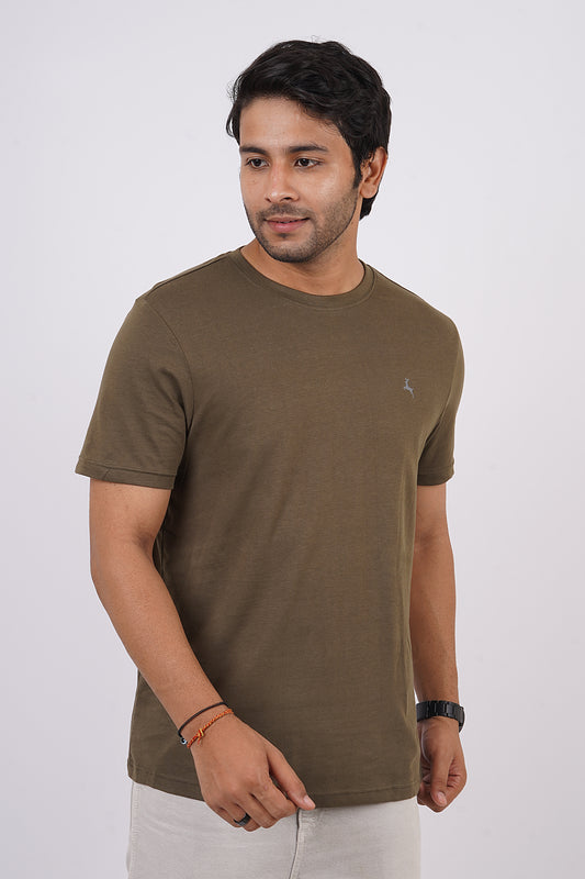 Men's bottle green single jersey round neck t-shirt with logo