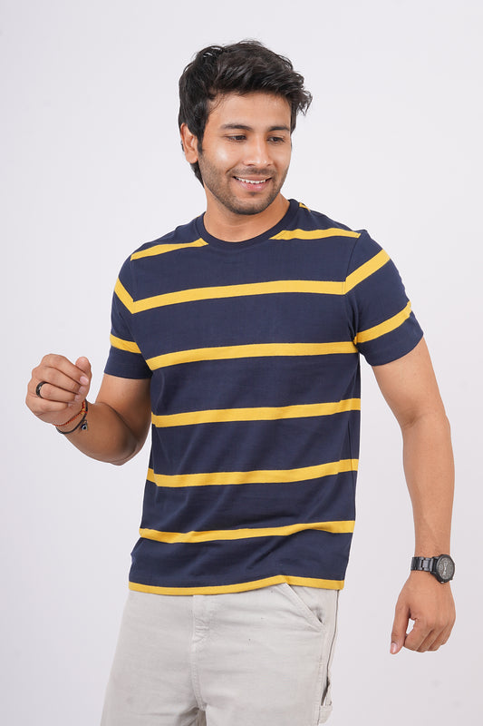 Men's Yellow/Navy striped round neck t-shirt