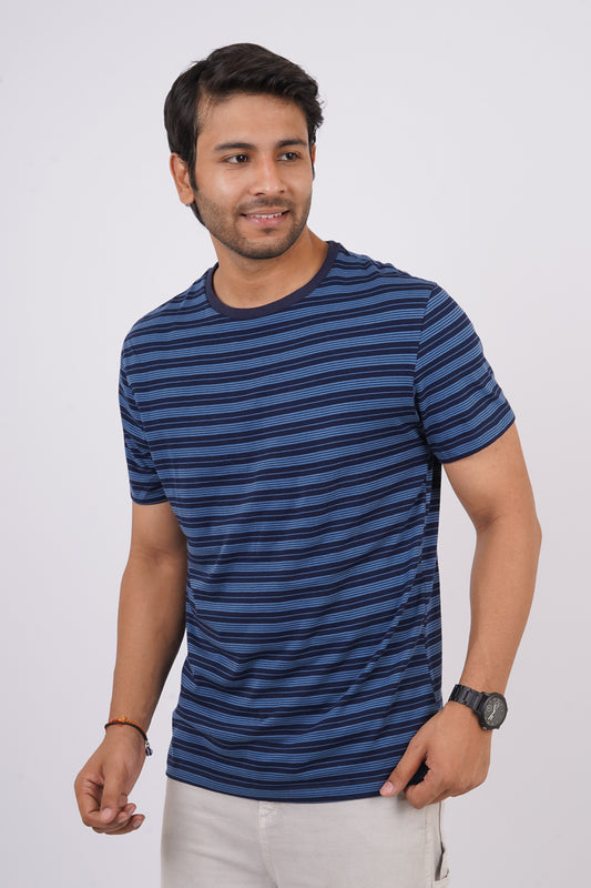 Men's Light Blue/Navy striped round neck t-shirt