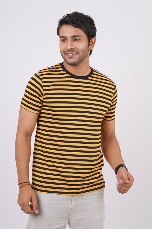 Men's Yellow/Black striped round neck t-shirt