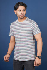 Men's Grey/Blue/Green/Red striped round neck t-shirt