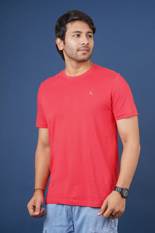 Men's coral single jersey round neck t-shirt with logo