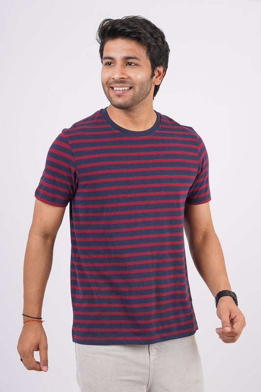 Men's Navy/Burgandy striped round neck t-shirt