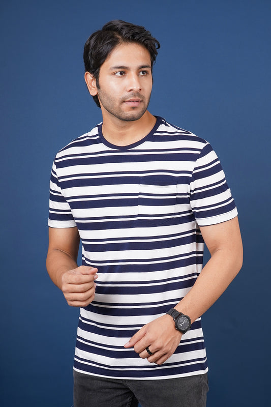 Men's Navy/White striped round neck t-shirt