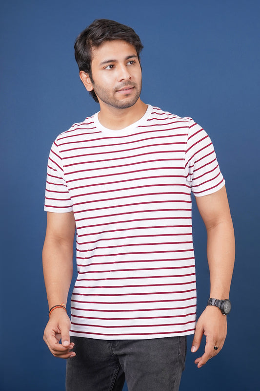 Men's White/Burgandy striped round neck t-shirt