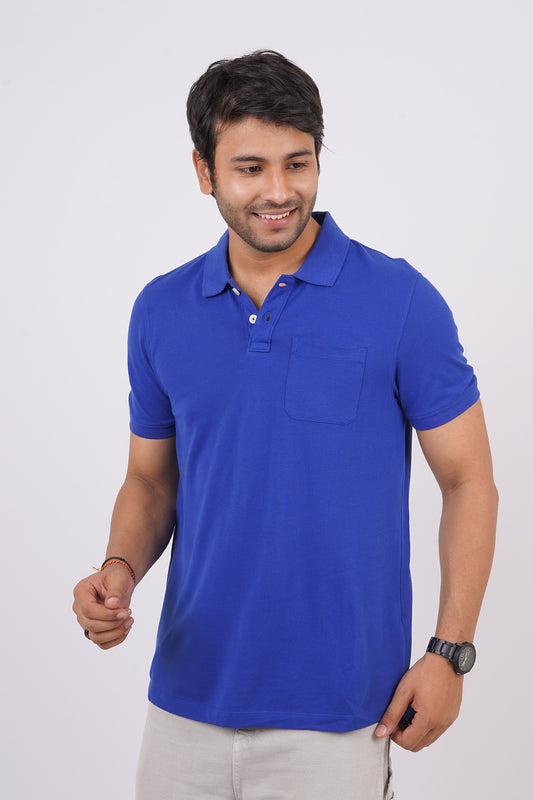 Men's blue core pique polo t-shirt with pocket