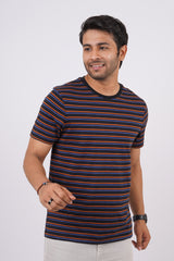 Men's Black/Blue/Orange striped round neck t-shirt