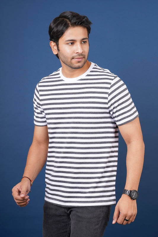 Men's White/Charcoal striped round neck t-shirt
