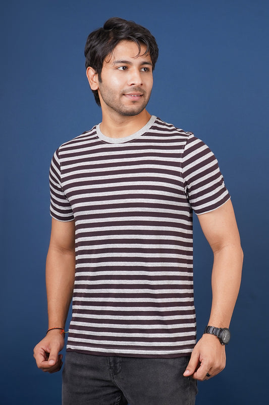 Men's Maroon/Grey Melange striped round neck t-shirt