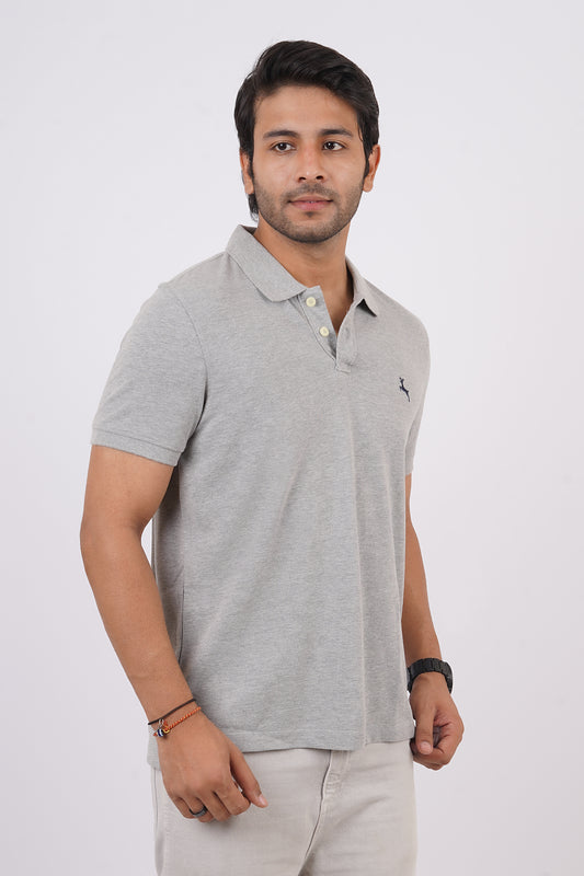 Men's grey melange core pique polo  t-shirt with embroidered logo