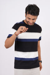 Men's Black/White/Blue striped round neck t-shirt