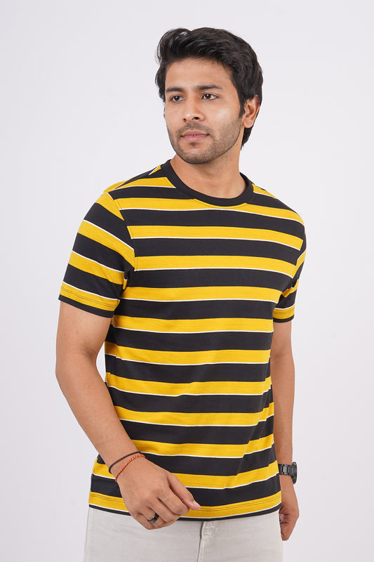 Men's Yellow/Black striped round neck t-shirt