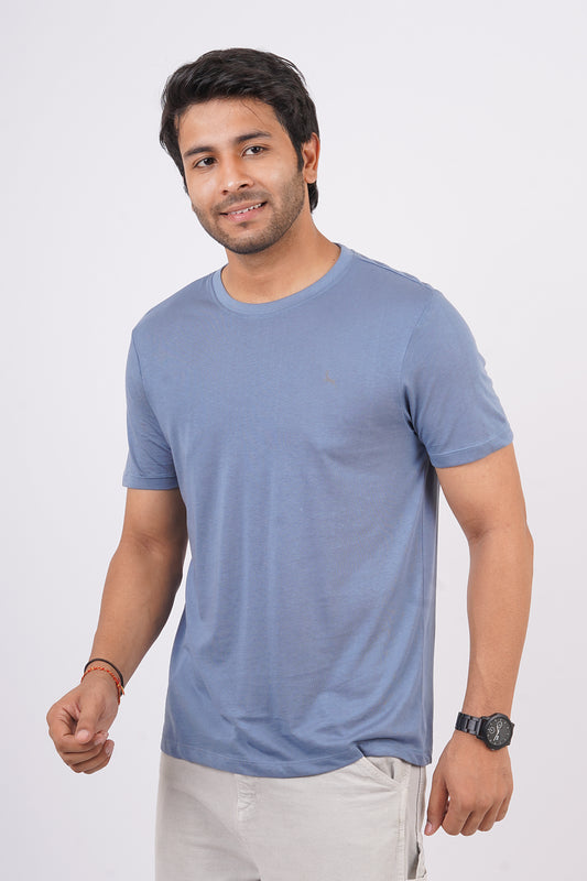 Men's Denim Blue Pima Cotton Single Jersey Round Neck T-shirt with Logo