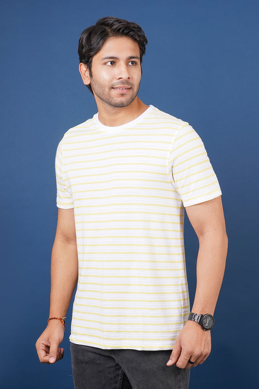 Men's White/Yellow striped round neck t-shirt