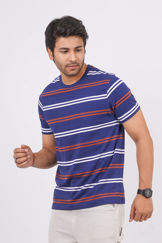 Men's Blue/Maroon/White striped round neck t-shirt