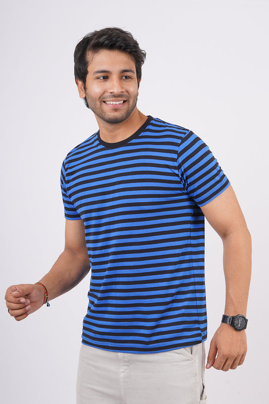 Men's Blue/Black striped round neck t-shirt