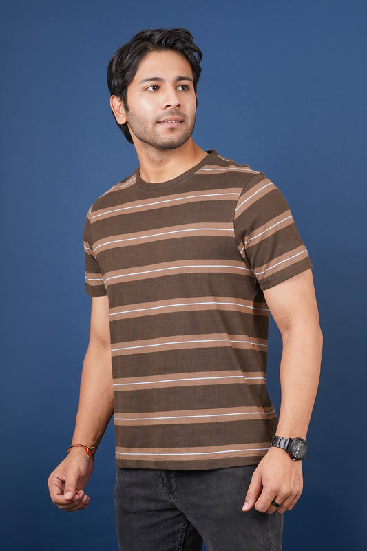 Men's Olive/Light Green striped round neck t-shirt