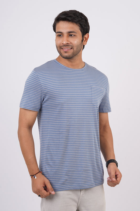 Men's Light Blue/Grey striped round neck t-shirt