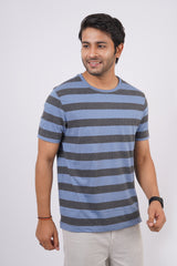 Men's Dark Grey Melange/Blue striped round neck t-shirt