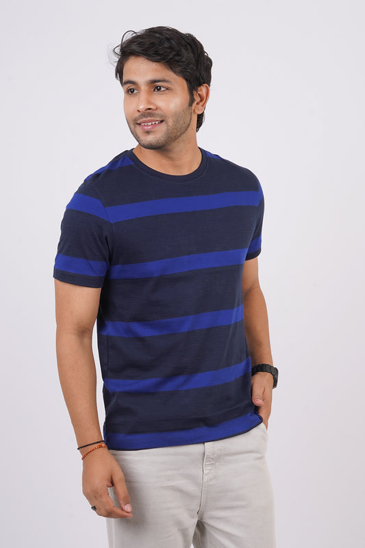 Men's Royal Blue/Navy striped round neck t-shirt