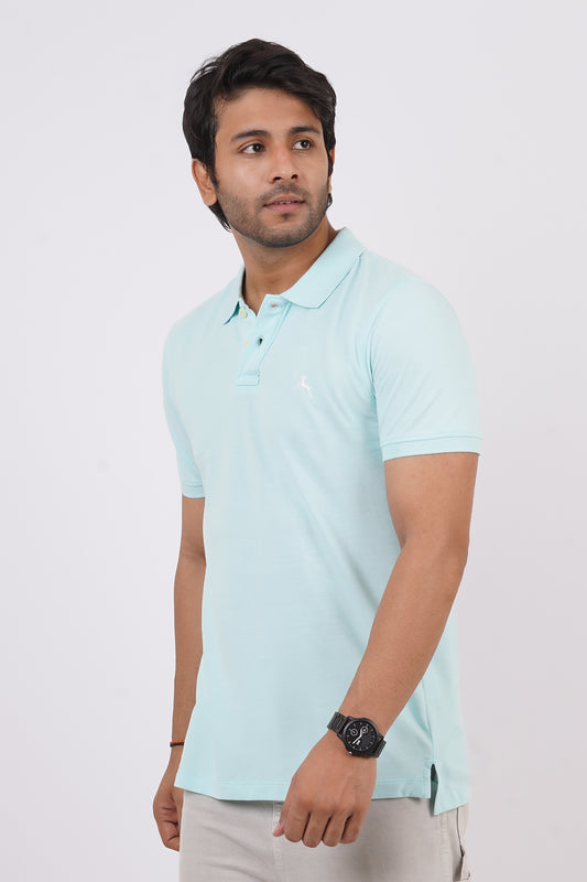 Men's water blue core pique polo t-shirt with embroidered logo