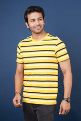 Men's Yellow/White/Black striped round neck t-shirt