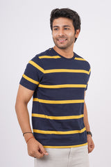 Men's Yellow/Navy striped round neck t-shirt