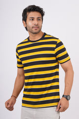 Men's Yellow/Black striped round neck t-shirt
