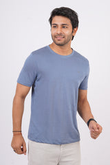 Men's Denim Blue Pima Cotton Single Jersey Round Neck T-shirt with Logo