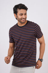 Men's Black/Blue/Orange striped round neck t-shirt