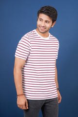 Men's White/Burgandy striped round neck t-shirt