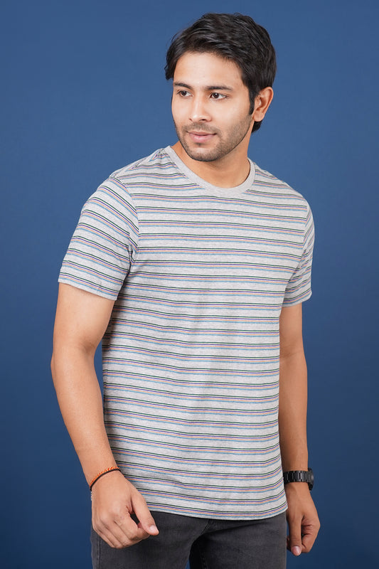 Men's Grey/Blue/Green/Red striped round neck t-shirt