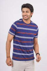 Men's Blue/Maroon/White striped round neck t-shirt