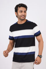 Men's Black/White/Blue striped round neck t-shirt