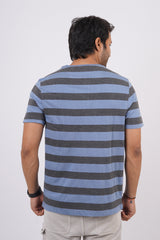 Men's Dark Grey Melange/Blue striped round neck t-shirt