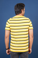 Men's Yellow/White/Black striped round neck t-shirt