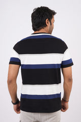 Men's Black/White/Blue striped round neck t-shirt