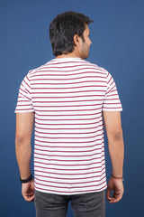 Men's White/Burgandy striped round neck t-shirt