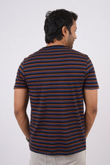 Men's Black/Blue/Orange striped round neck t-shirt