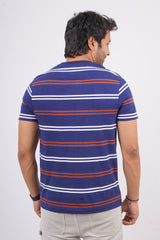 Men's Blue/Maroon/White striped round neck t-shirt