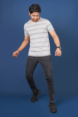 Men's Light Grey/Navy/White striped round neck t-shirt