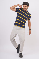 Men's Yellow/Navy striped round neck t-shirt