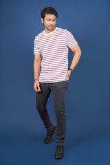 Men's White/Burgandy striped round neck t-shirt