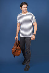 Men's White/Charcoal striped round neck t-shirt