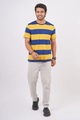 Men's Yellow/Navy striped round neck t-shirt