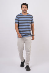 Men's Dark Grey Melange/Blue striped round neck t-shirt