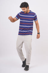 Men's Blue/Maroon/White striped round neck t-shirt